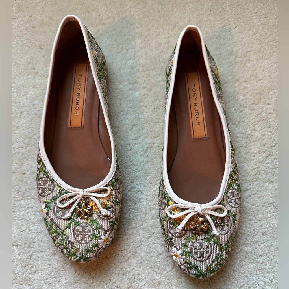 Tory Burch T Charm Embroided Canvas T Logo Ballet Flats